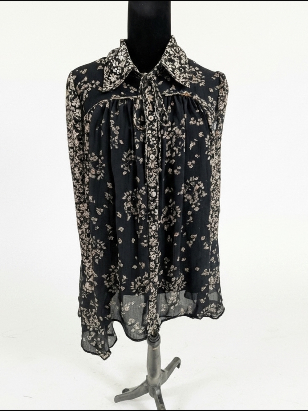Free People Black Floral Tie-Neck Sheer Blouse With Bell Sleeves Sz M (A76)